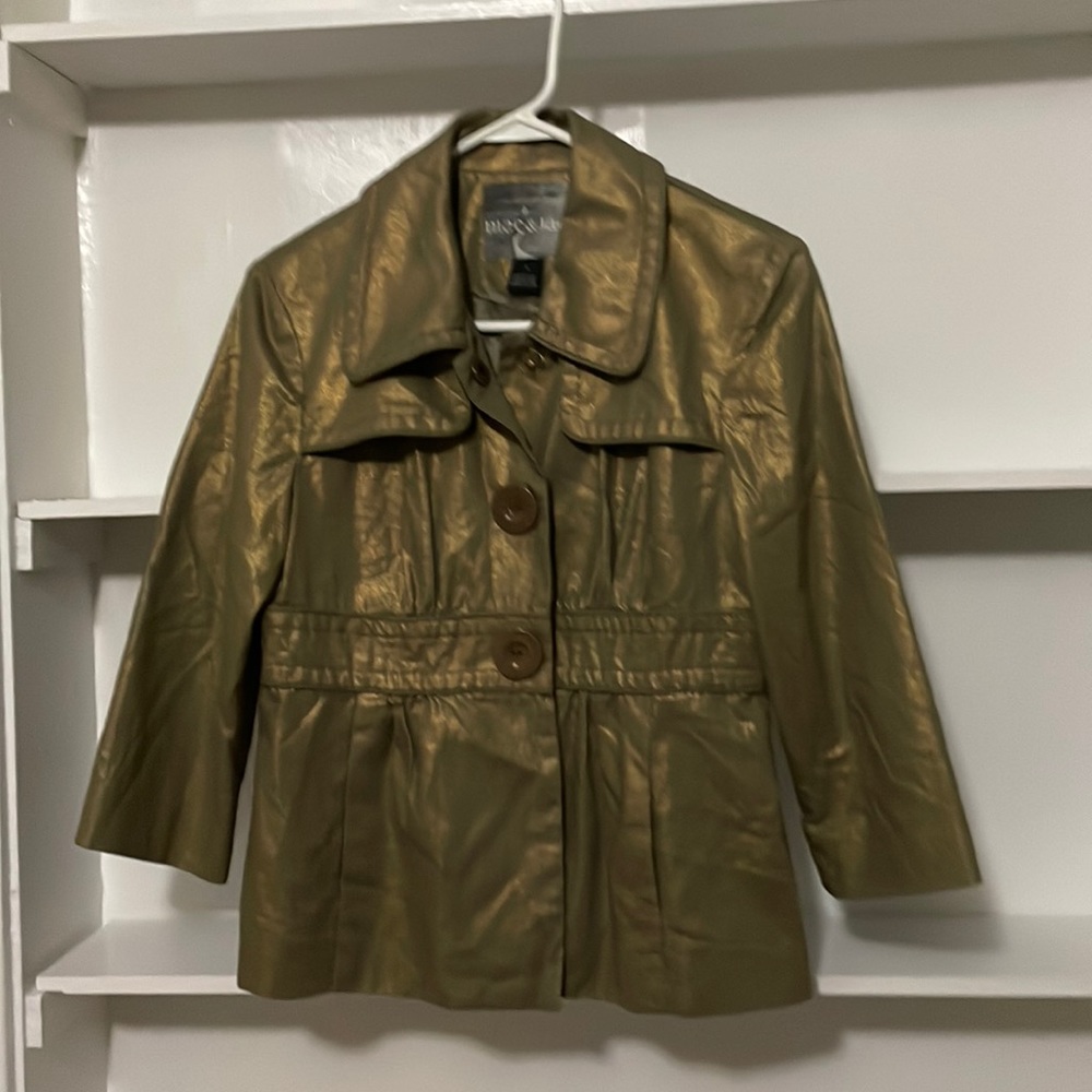 Mac & Jac Lined Linen/Cotton Blend Gold Shimmery Jacket, 3/4 sleeves, Snap buttn